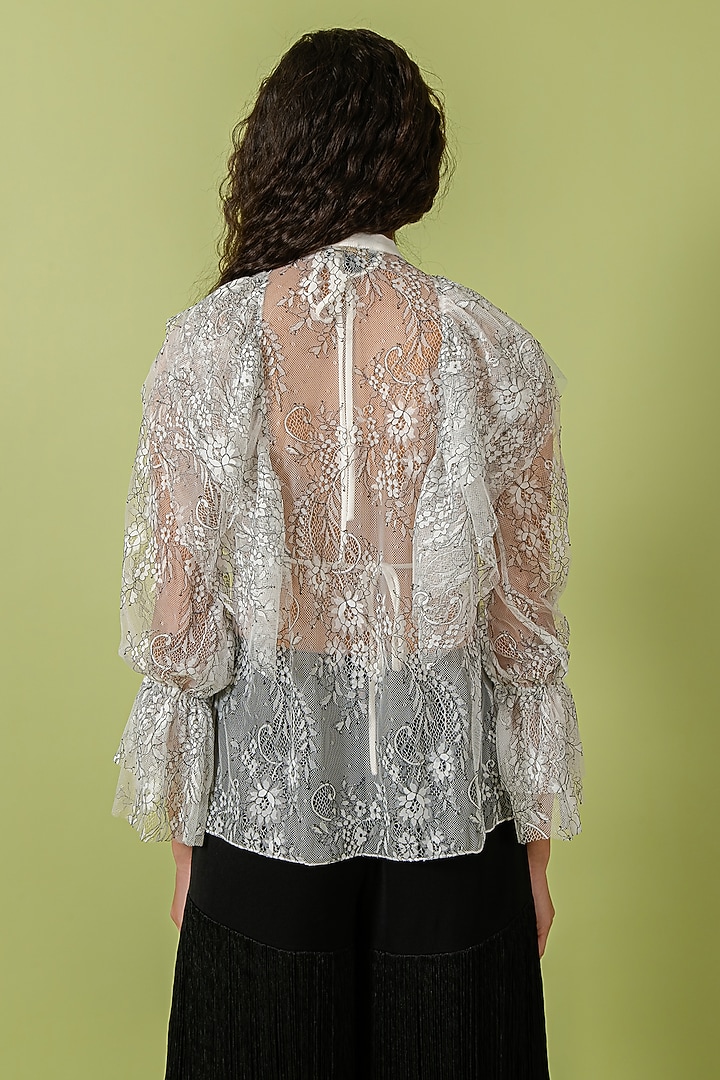 Black & White Sheer Lace Scarf Collar Top by Swatee Singh at Pernia's Pop Up Shop