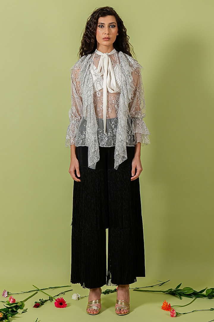 Black & White Sheer Lace Scarf Collar Top by Swatee Singh at Pernia's Pop Up Shop