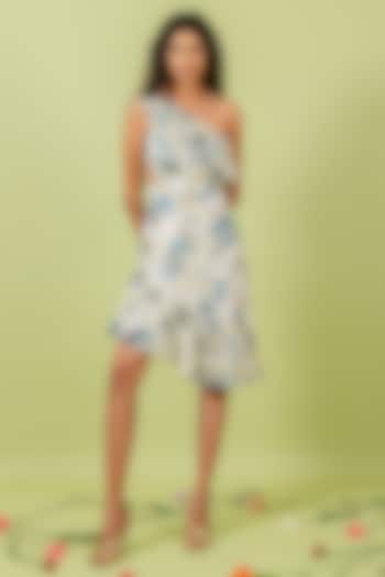 Blue & White Floral Printed One Shoulder Draped Vacation Dress by Swatee Singh at Pernia's Pop Up Shop