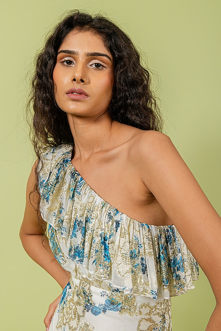 Blue & White Floral Printed One Shoulder Draped Vacation Dress by Swatee Singh at Pernia's Pop Up Shop