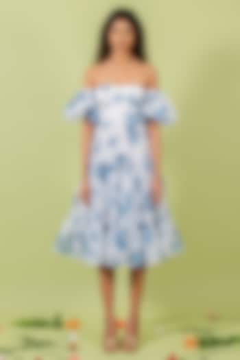 Blue & White Organza Floral Printed Off-Shoulder Tiered Vacation Dress by Swatee Singh at Pernia's Pop Up Shop