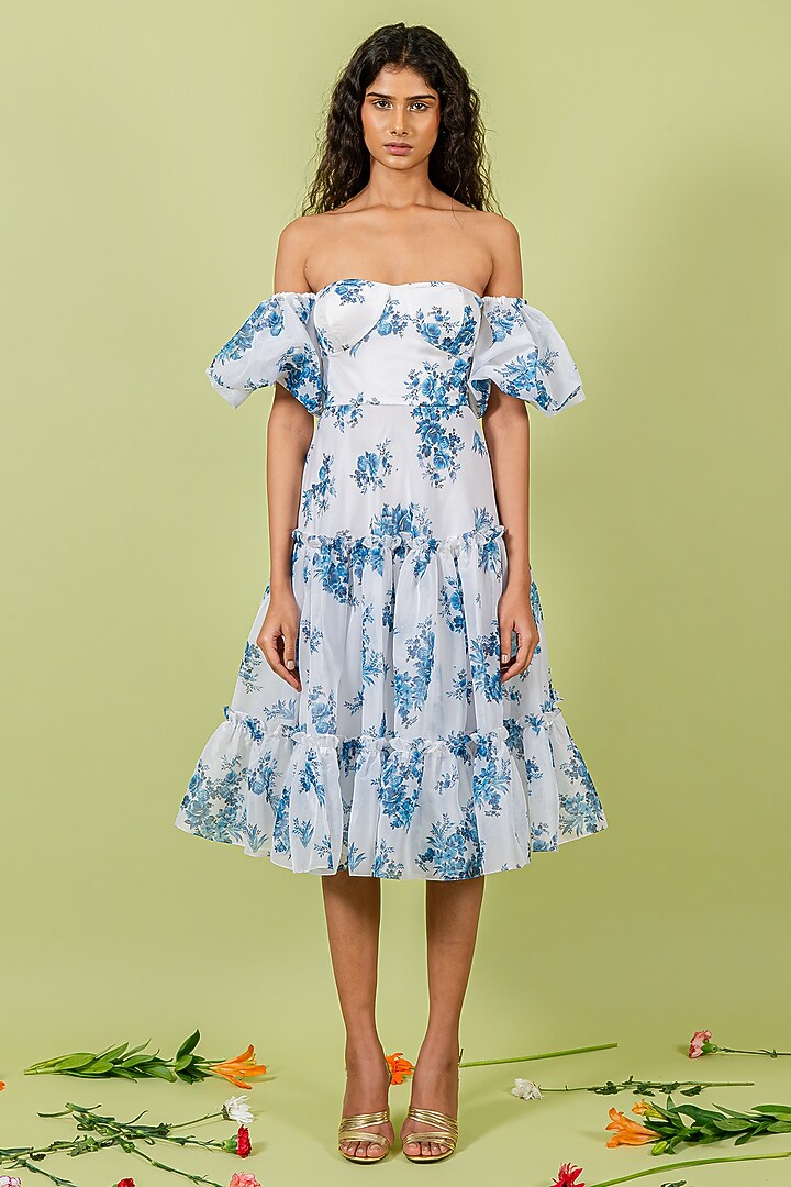 Blue & White Organza Floral Printed Off-Shoulder Tiered Vacation Dress by Swatee Singh at Pernia's Pop Up Shop