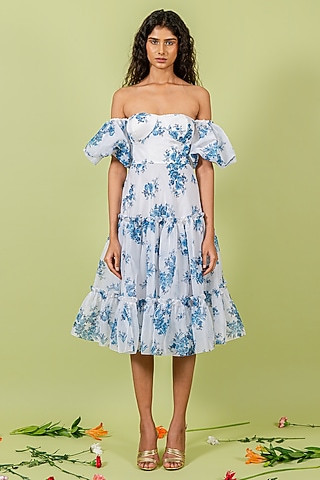 Blue & White Organza Floral Printed Off-Shoulder Tiered Dress by Swatee Singh