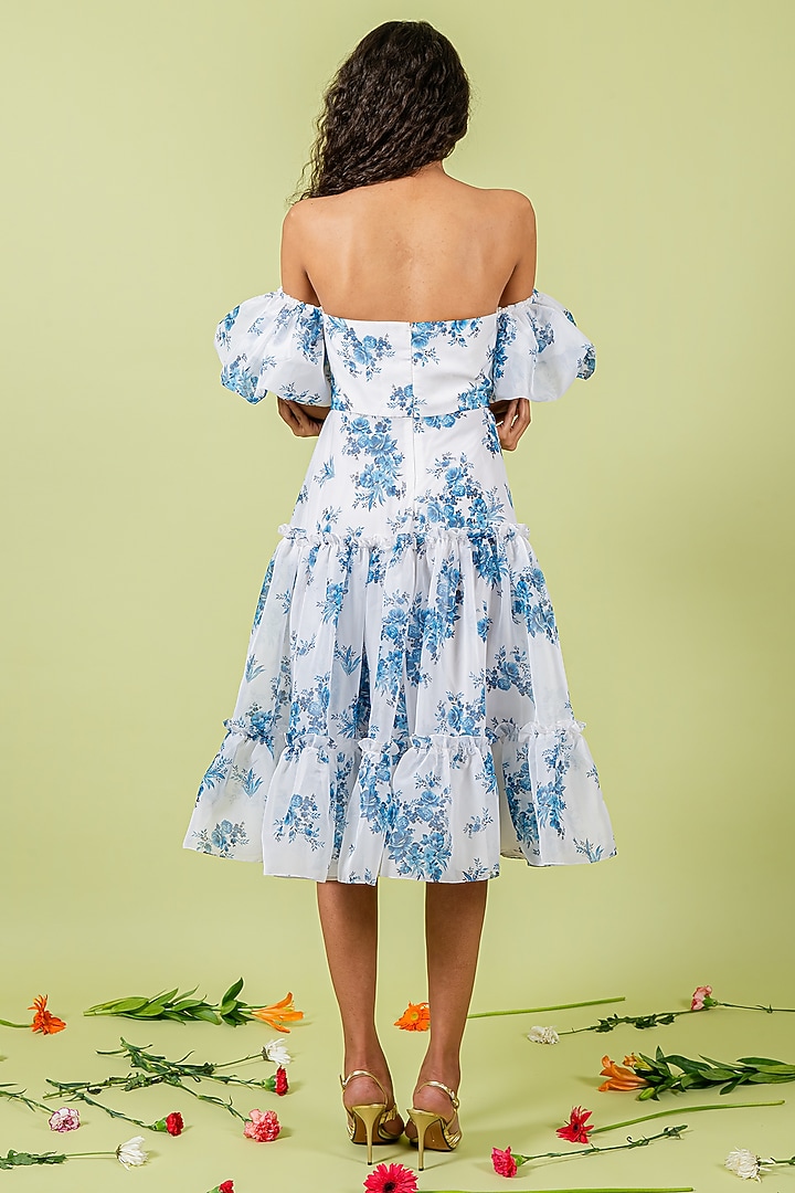 Blue & White Organza Floral Printed Off-Shoulder Tiered Vacation Dress by Swatee Singh at Pernia's Pop Up Shop