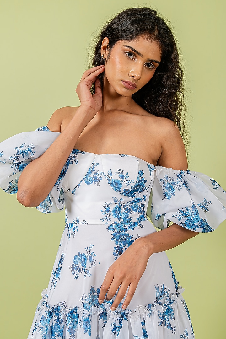 Blue & White Organza Floral Printed Off-Shoulder Tiered Vacation Dress by Swatee Singh at Pernia's Pop Up Shop
