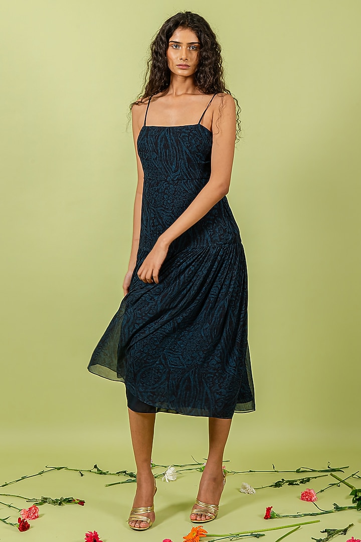 Blue Georgette Leopard Printed Midi Vacation Dress by Swatee Singh at Pernia's Pop Up Shop