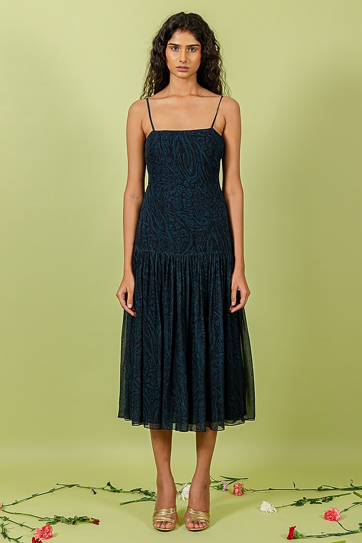 Blue Georgette Leopard Printed Midi Vacation Dress by Swatee Singh at Pernia's Pop Up Shop