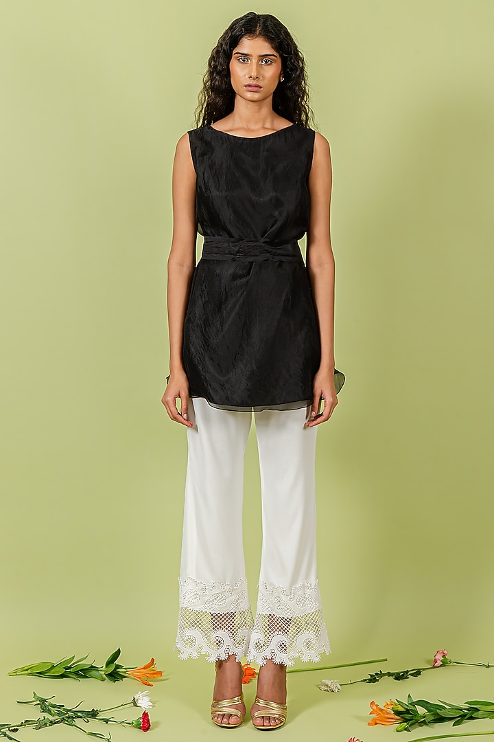 Ivory Heavy Crepe & Lace Straight Pants by Swatee Singh at Pernia's Pop Up Shop