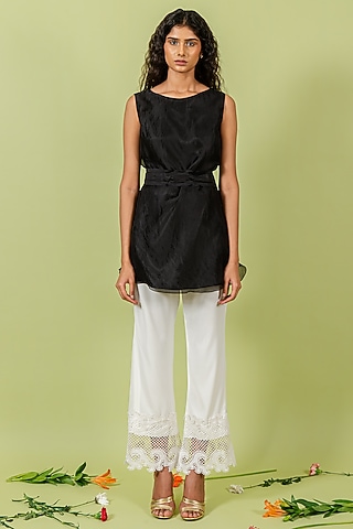 Ivory Heavy Crepe & Lace Straight Pants by Swatee Singh