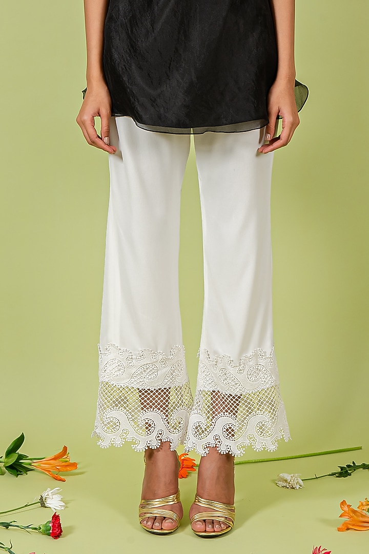 Ivory Heavy Crepe & Lace Straight Pants by Swatee Singh at Pernia's Pop Up Shop