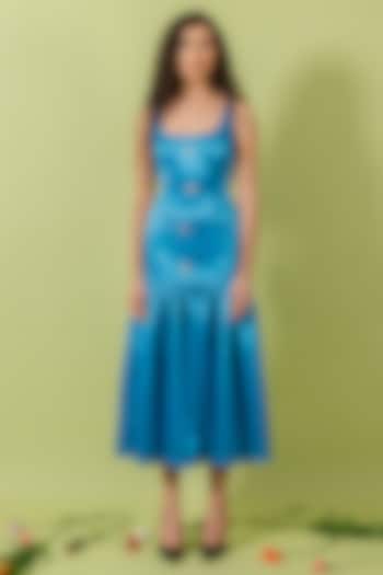 Blue Duchess Satin Gathered Vacation Dress by Swatee Singh at Pernia's Pop Up Shop