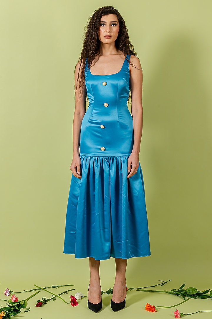 Blue Duchess Satin Gathered Vacation Dress by Swatee Singh at Pernia's Pop Up Shop
