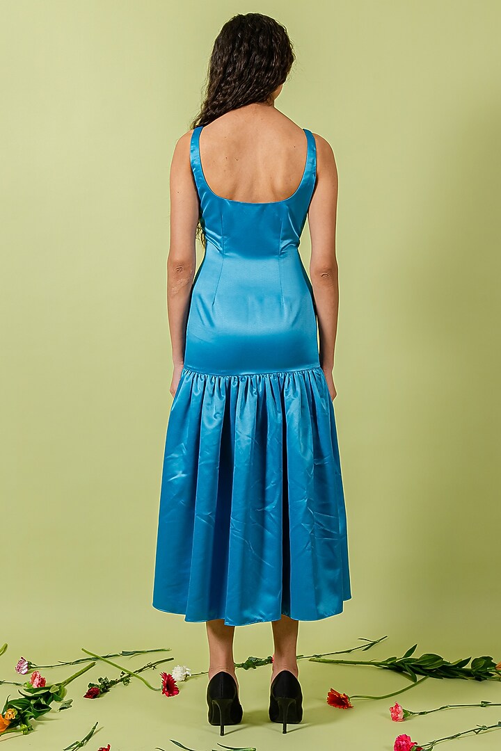 Blue Duchess Satin Gathered Vacation Dress by Swatee Singh at Pernia's Pop Up Shop