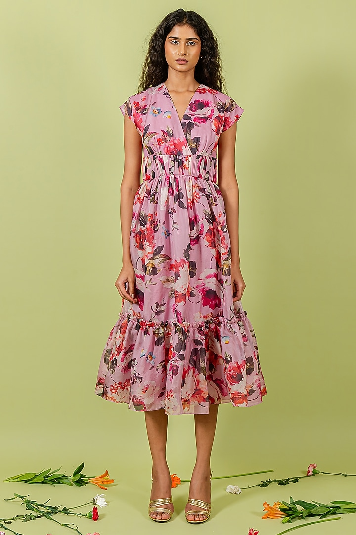 Purple Organza Floral Printed Gathered Vacation Dress by Swatee Singh at Pernia's Pop Up Shop
