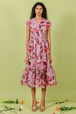 Purple Organza Floral Printed Gathered Dress by Swatee Singh