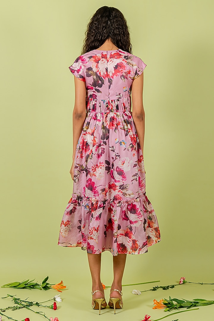 Purple Organza Floral Printed Gathered Vacation Dress by Swatee Singh at Pernia's Pop Up Shop