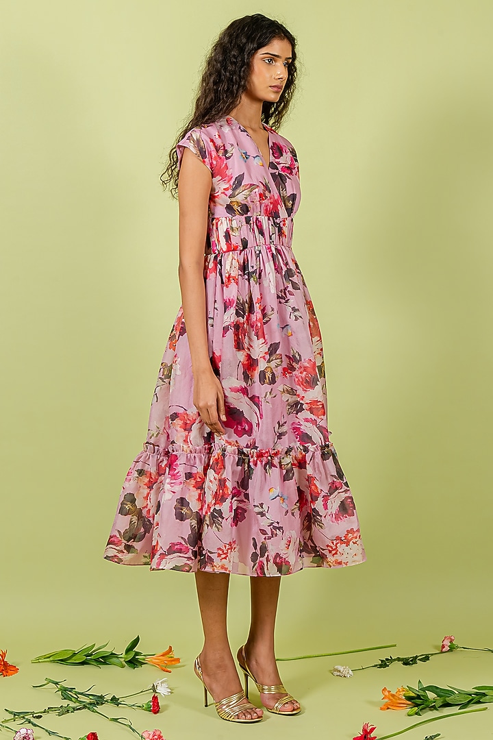 Purple Organza Floral Printed Gathered Vacation Dress by Swatee Singh at Pernia's Pop Up Shop