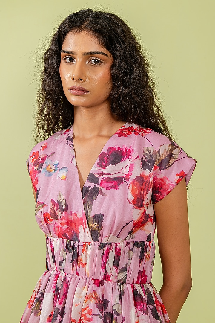 Purple Organza Floral Printed Gathered Vacation Dress by Swatee Singh at Pernia's Pop Up Shop