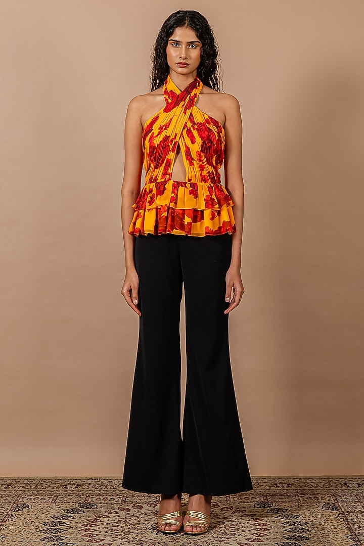 Yellow & Red Georgette Floral Printed Cross-Over Top by Swatee Singh at Pernia's Pop Up Shop