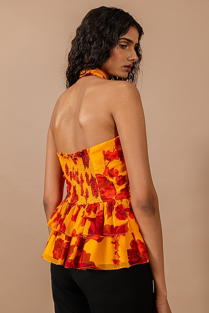Yellow & Red Georgette Floral Printed Cross-Over Top by Swatee Singh at Pernia's Pop Up Shop