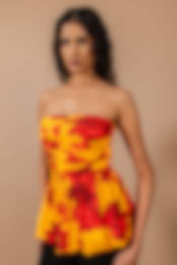 Yellow & Red Heavy Crepe Floral Printed Tube Top by Swatee Singh at Pernia's Pop Up Shop
