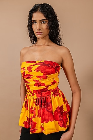 Yellow & Red Heavy Crepe Floral Printed Tube Top by Swatee Singh