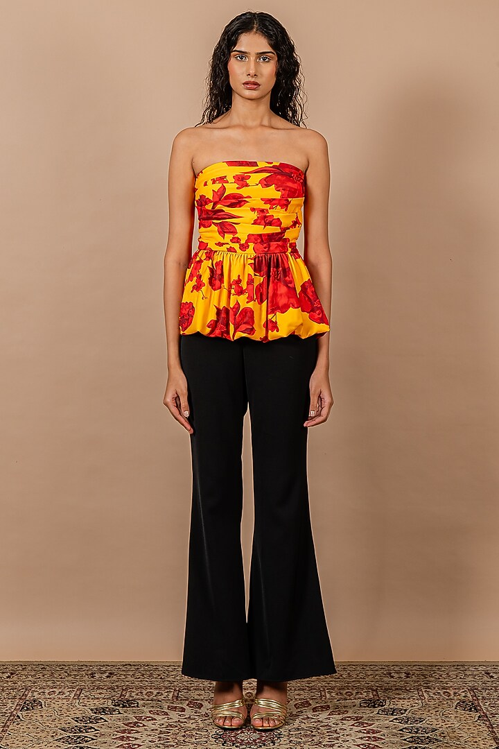Yellow & Red Heavy Crepe Floral Printed Tube Top by Swatee Singh at Pernia's Pop Up Shop