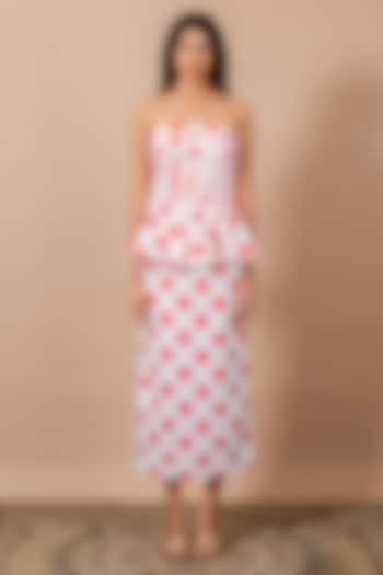 Red Duchess Satin Polka Printed Tube Peplum Cocktail Dress by Swatee Singh at Pernia's Pop Up Shop