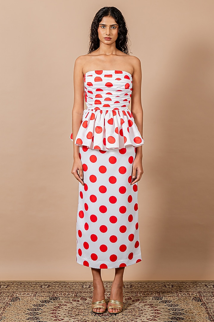 Red Duchess Satin Polka Printed Tube Peplum Cocktail Dress by Swatee Singh at Pernia's Pop Up Shop