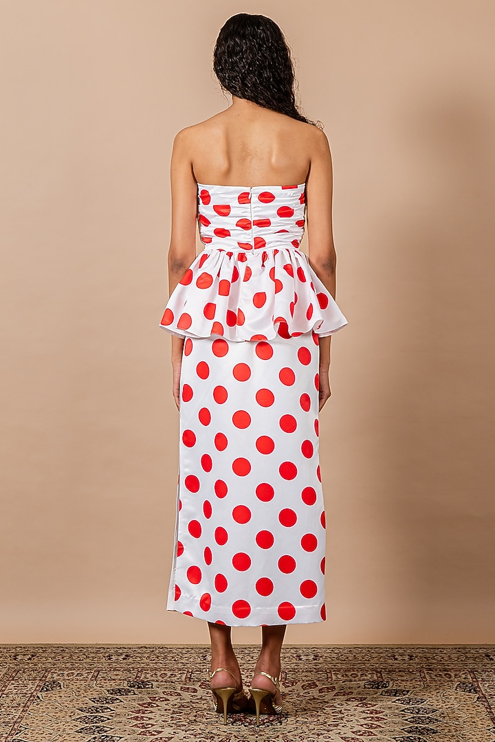 Red Duchess Satin Polka Printed Tube Peplum Cocktail Dress by Swatee Singh at Pernia's Pop Up Shop