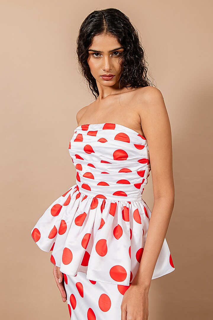 Red Duchess Satin Polka Printed Tube Peplum Cocktail Dress by Swatee Singh at Pernia's Pop Up Shop