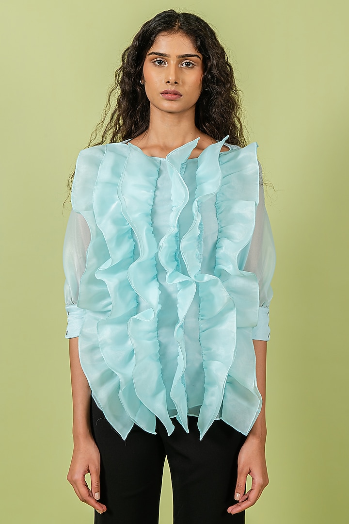 Light Teal Organza Ruffled Top by Swatee Singh at Pernia's Pop Up Shop