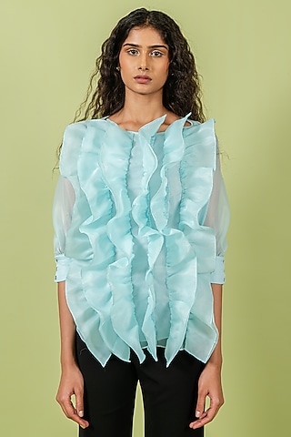 Light Teal Organza Ruffled Top by Swatee Singh