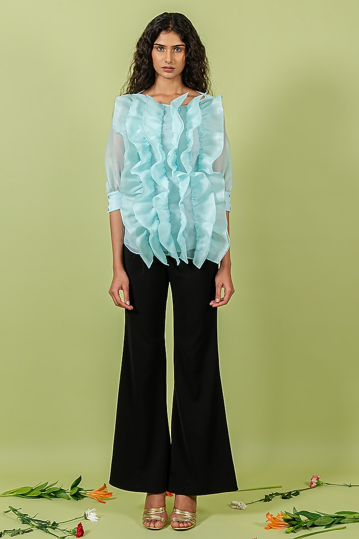 Light Teal Organza Ruffled Top by Swatee Singh at Pernia's Pop Up Shop