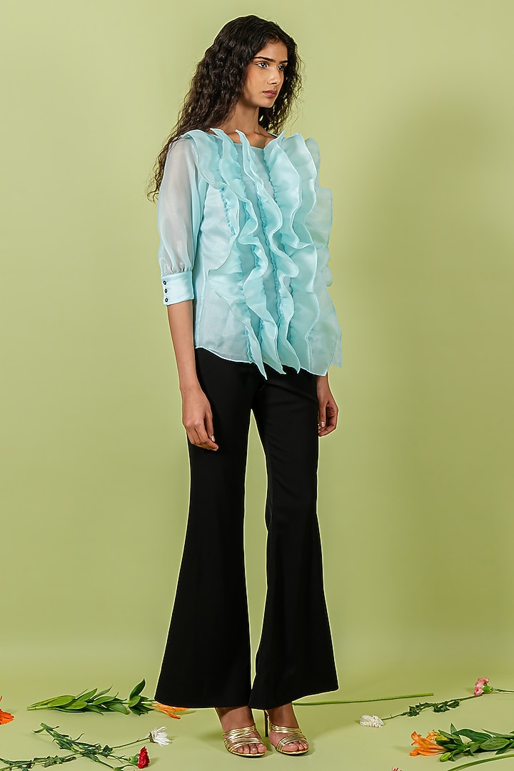 Light Teal Organza Ruffled Top by Swatee Singh at Pernia's Pop Up Shop