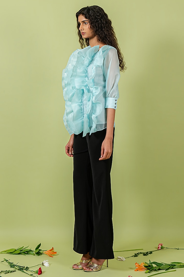 Light Teal Organza Ruffled Top by Swatee Singh at Pernia's Pop Up Shop