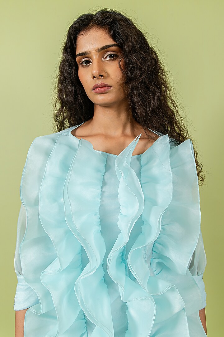 Light Teal Organza Ruffled Top by Swatee Singh at Pernia's Pop Up Shop