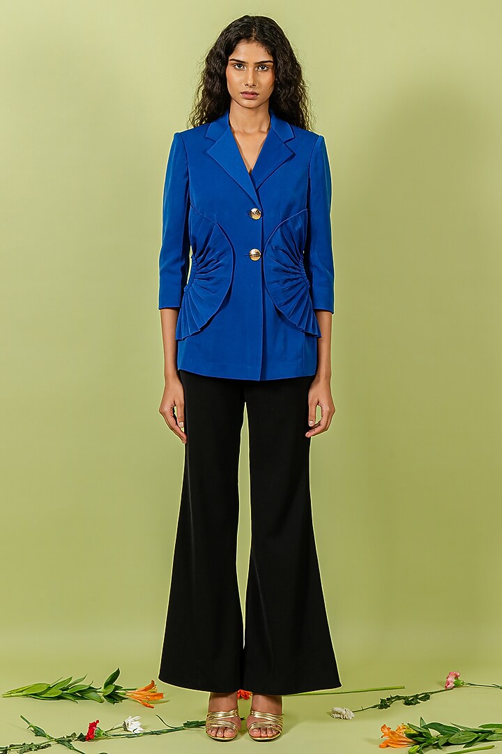 Royal Blue Heavy Crepe Pleated Blazer by Swatee Singh at Pernia's Pop Up Shop