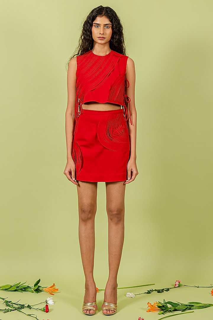 Red Heavy Crepe Skirt Set by Swatee Singh at Pernia's Pop Up Shop