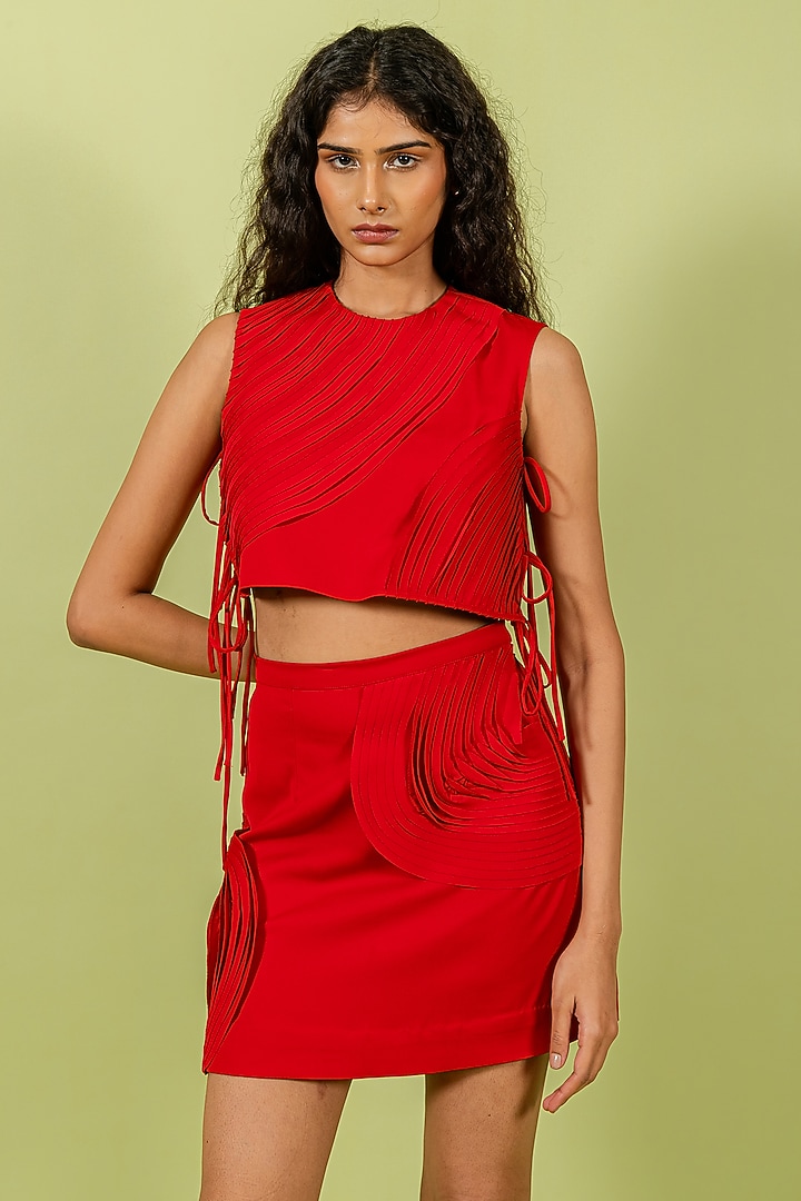 Red Heavy Crepe Skirt Set by Swatee Singh at Pernia's Pop Up Shop