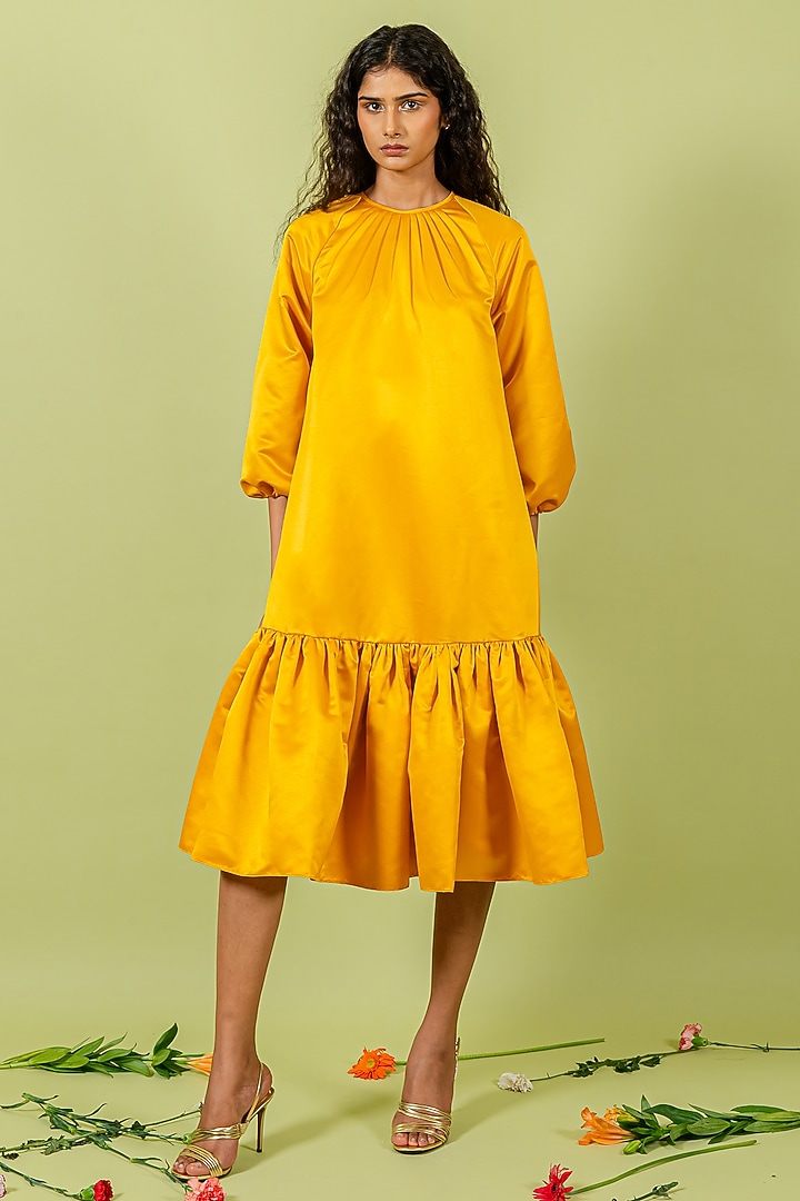 Yellow Duchess Satin Ruffled Vacation Dress by Swatee Singh at Pernia's Pop Up Shop