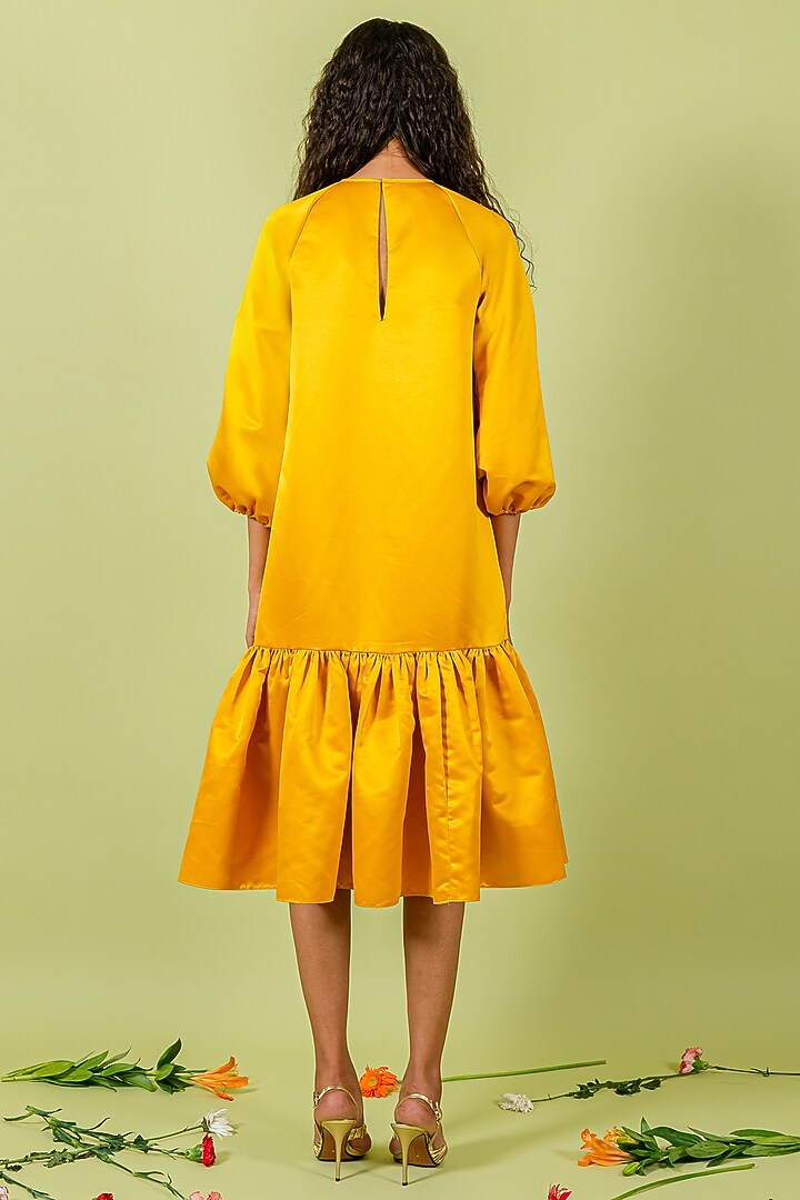 Yellow Duchess Satin Ruffled Vacation Dress by Swatee Singh at Pernia's Pop Up Shop