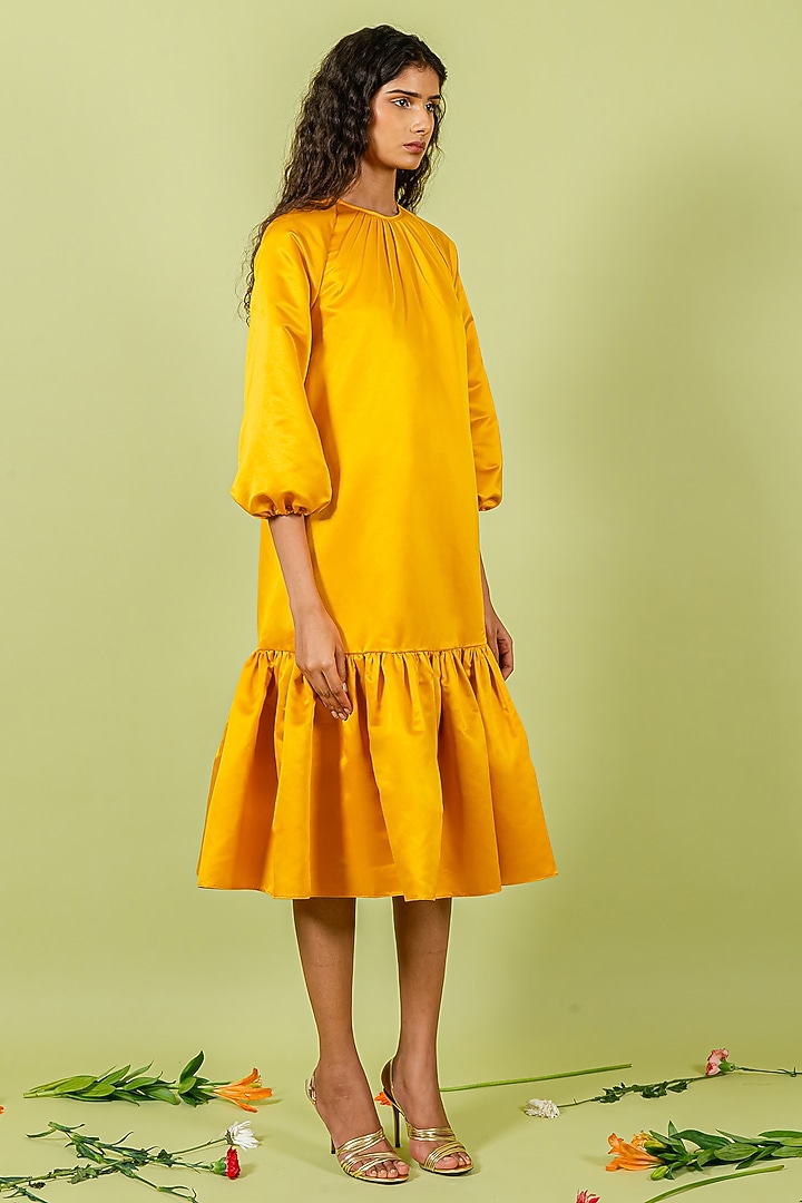 Yellow Duchess Satin Ruffled Vacation Dress by Swatee Singh at Pernia's Pop Up Shop