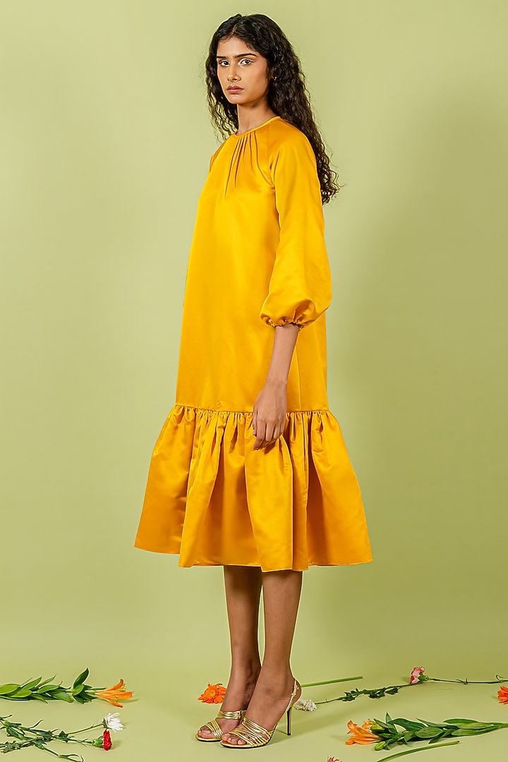 Yellow Duchess Satin Ruffled Vacation Dress by Swatee Singh at Pernia's Pop Up Shop