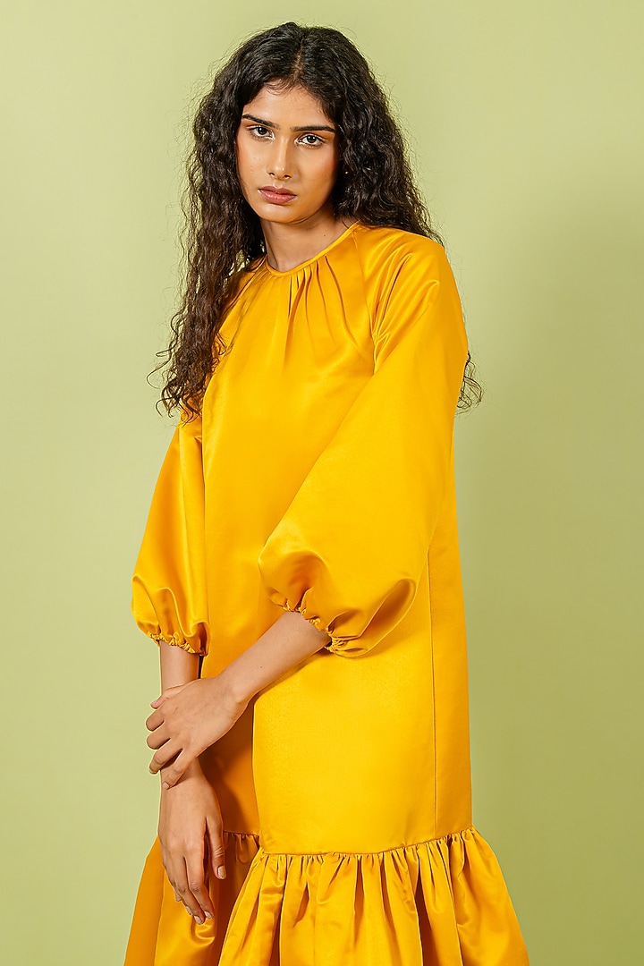 Yellow Duchess Satin Ruffled Vacation Dress by Swatee Singh at Pernia's Pop Up Shop
