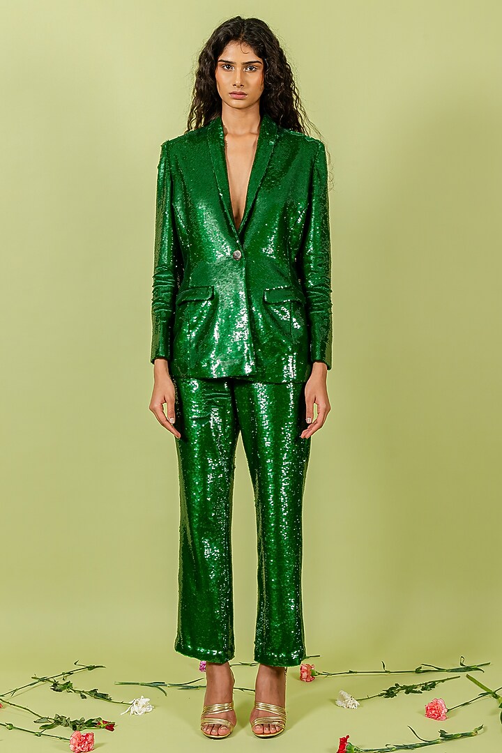 Pigment Green Sequins Blazer Set by Swatee Singh at Pernia's Pop Up Shop