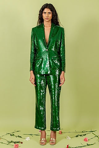 Pigment Green Sequins Blazer Set by Swatee Singh