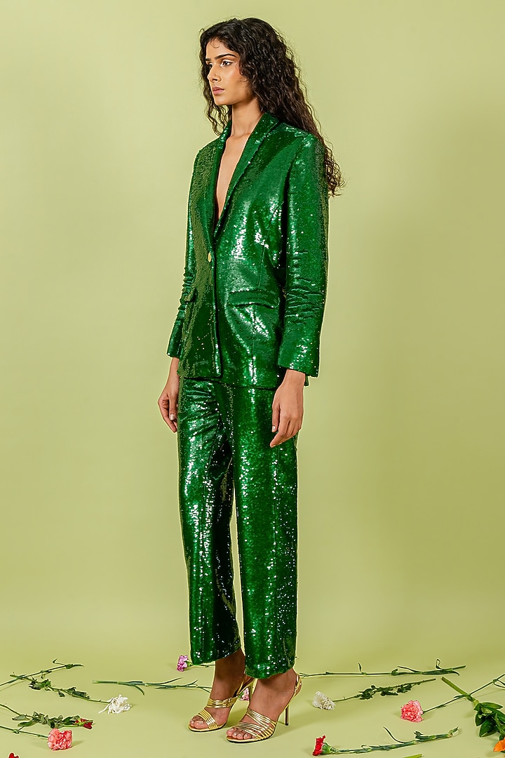 Pigment Green Sequins Blazer Set by Swatee Singh at Pernia's Pop Up Shop