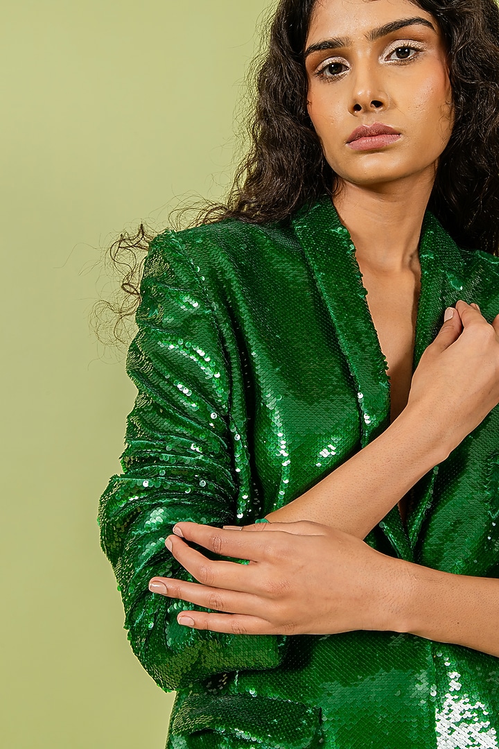 Pigment Green Sequins Blazer Set by Swatee Singh at Pernia's Pop Up Shop