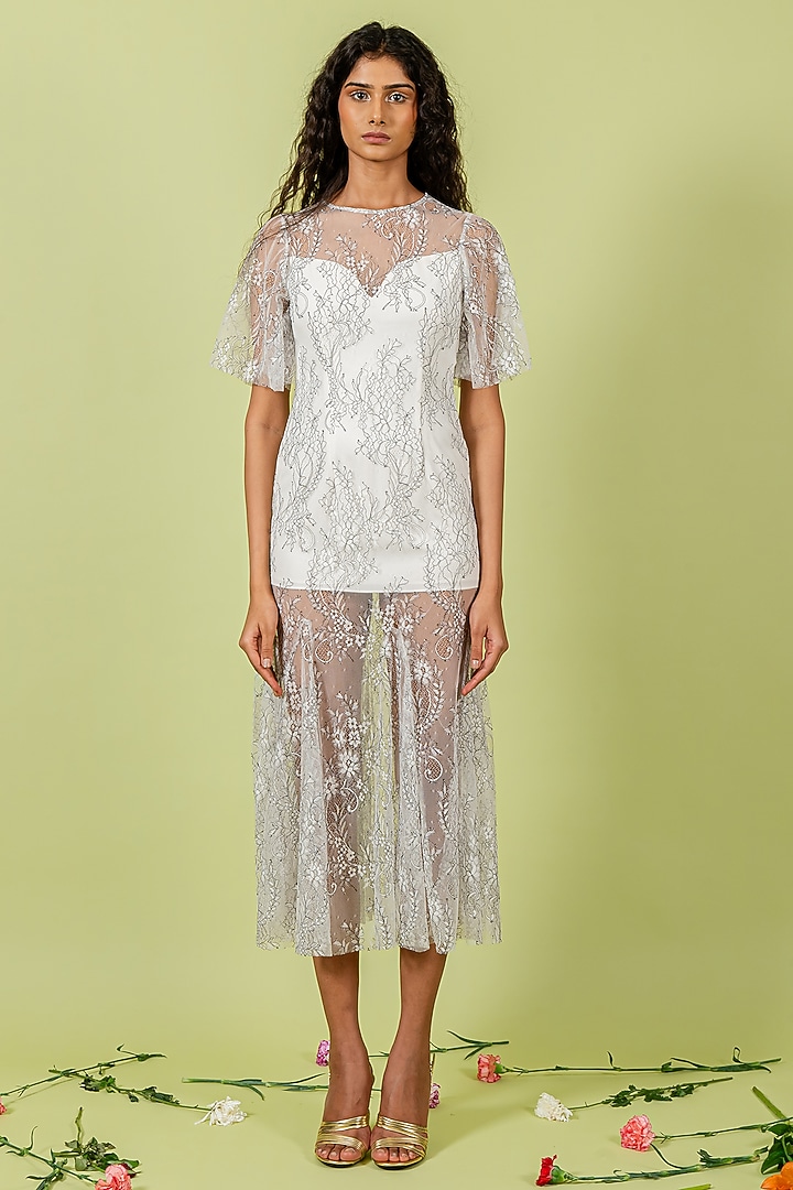 White Shaded Sheer Lace Vacation Dress by Swatee Singh at Pernia's Pop Up Shop
